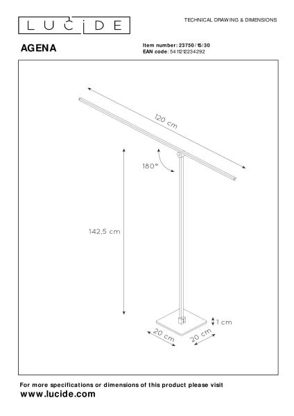 Lucide AGENA - Leeslamp - LED Dimb. - 1x14,5W 2700K - 3 StepDim - Zwart - technisch